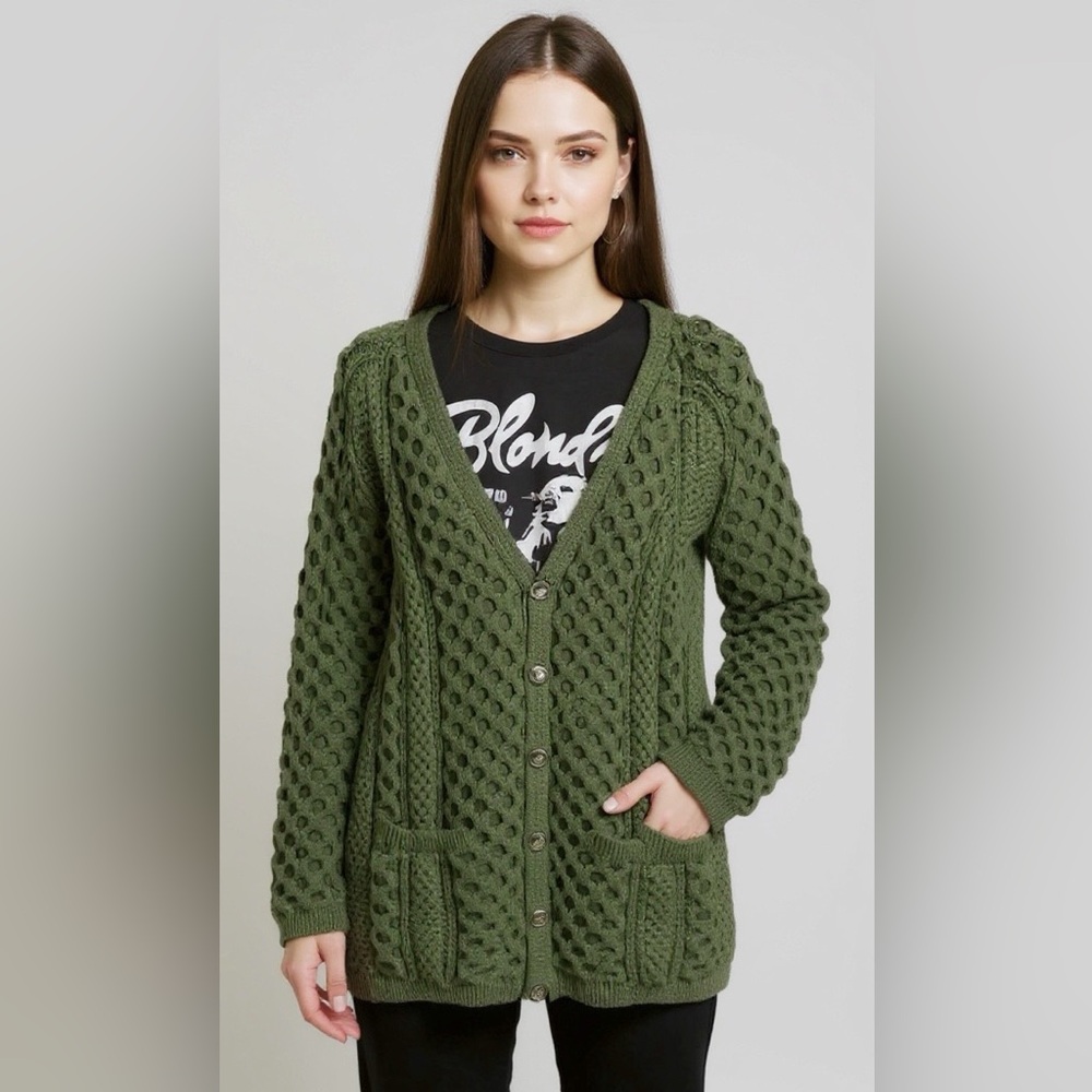 Forest Green Fisherman Unisex Wool Sweater Cardigan Deerhorn Buttons Size XL